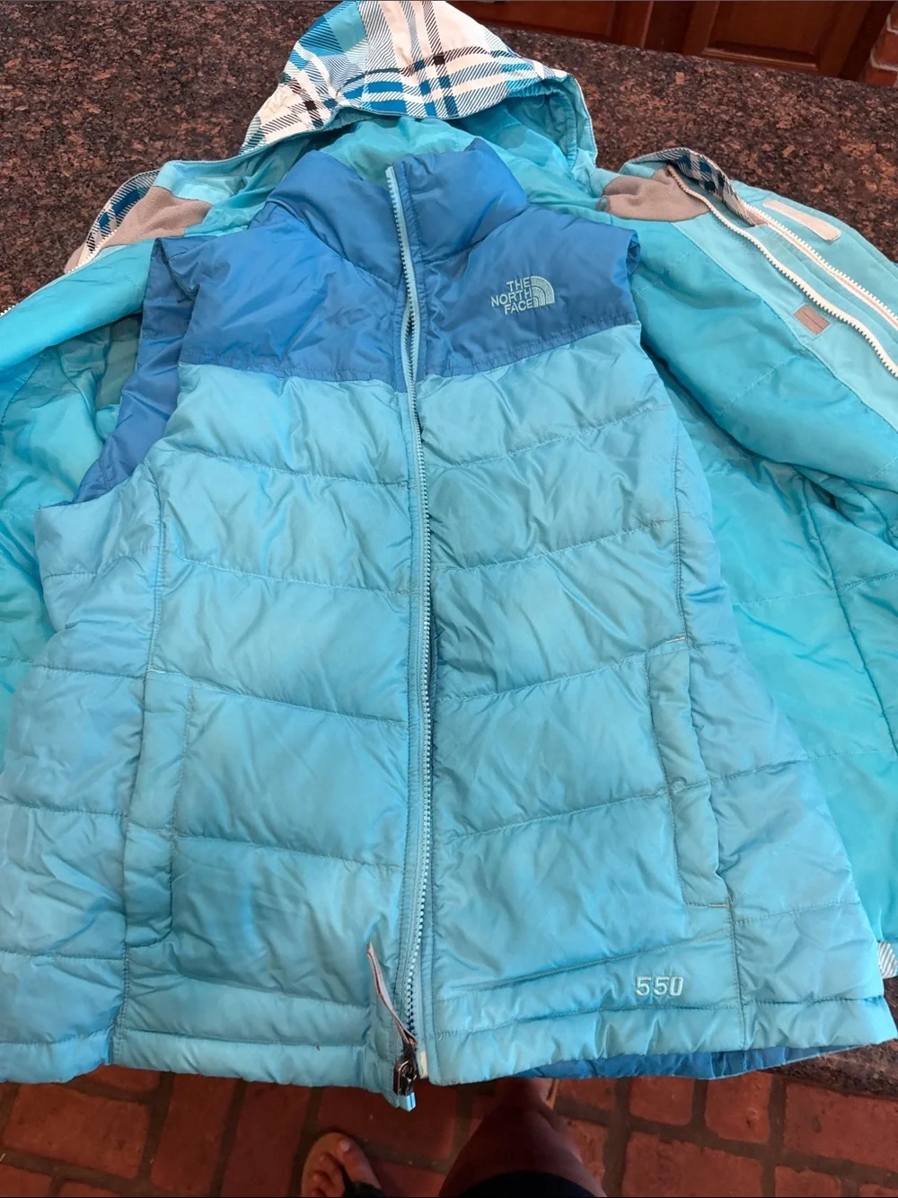 The North Face Teal and White Plaid Hooded Shell Jacket and vest zip in liner